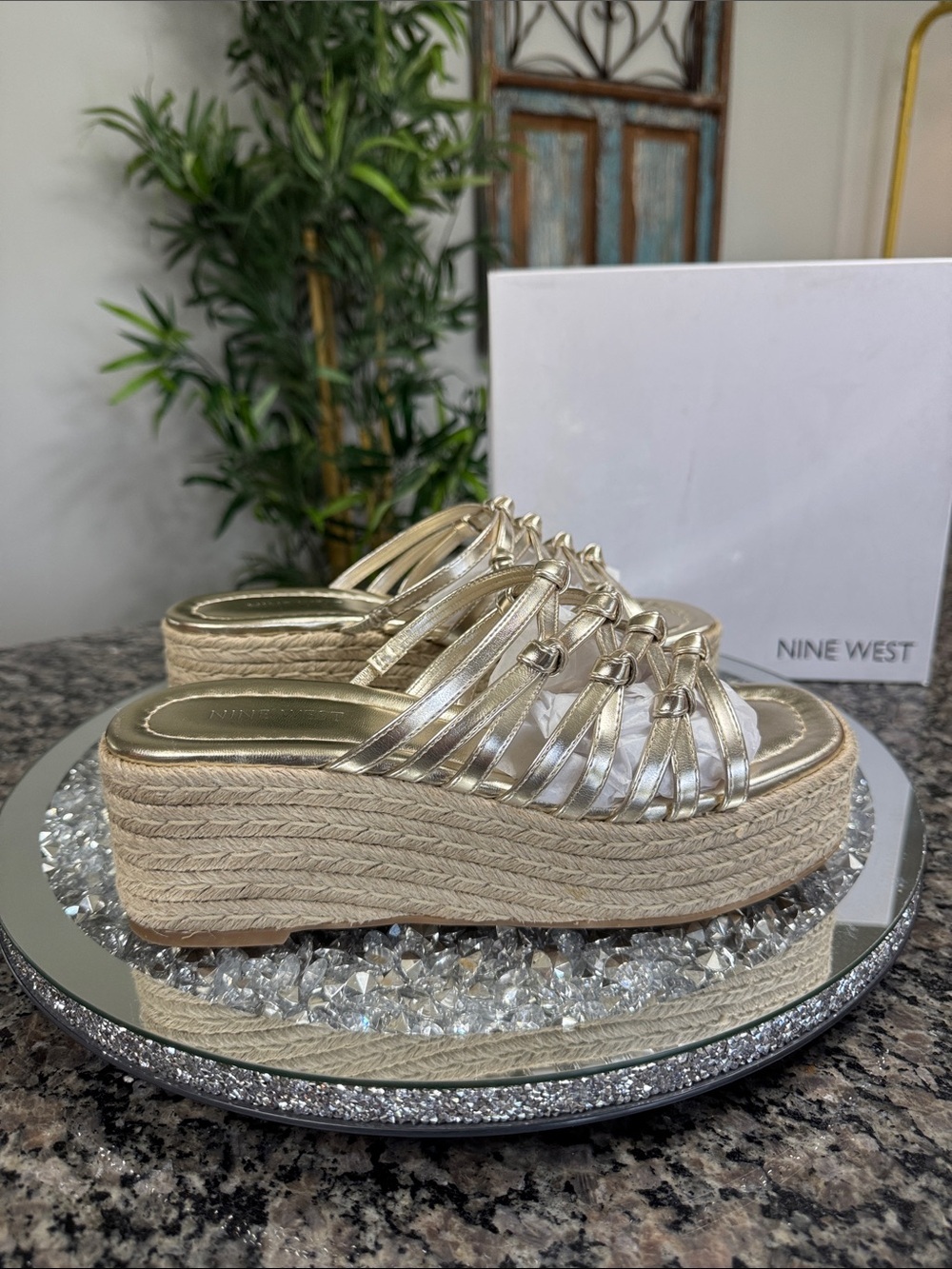 Nine West Metallic Gold Braided Espadrille Platform Slides NEW 8